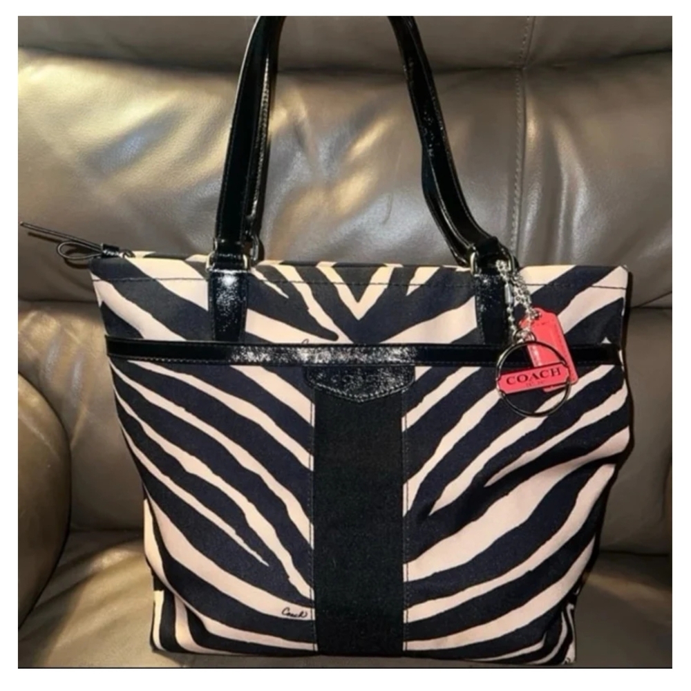Vintage Coach Black and Cream Zebra Print Tote